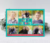 bright holiday photo card with teal background, give photos, and colorful, whimsical text and graphics