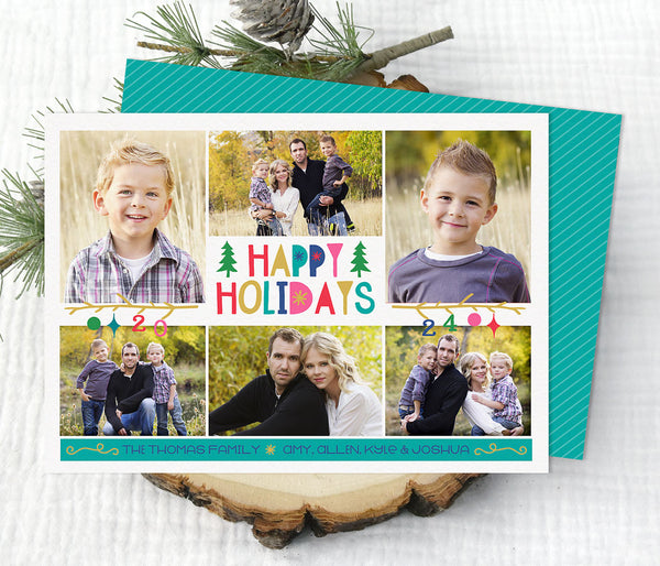 bright holiday photo card with white background, give photos, and colorful, whimsical text and graphics