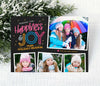 bright holiday photo card with black background four photos, fun fonts and colorful text 