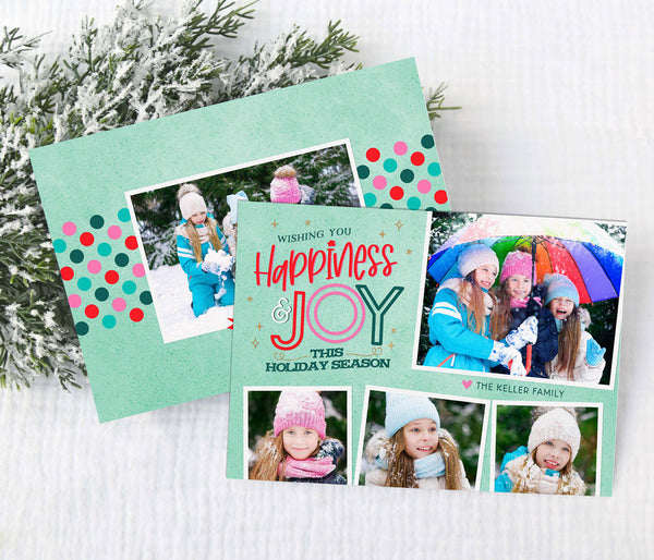 bright holiday photo card with mint green background four photos, fun fonts and colorful text, back side has polka dots and a single photo