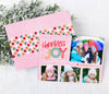 bright holiday photo card with pink background four photos, fun fonts and colorful text, back side has polka dots 