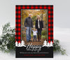 portrait style christmas photo card with red and black buffalo check background, a single photo, white pine tree and text accents