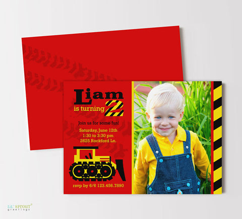 red, yellow and black bulldozer themed birthday invitation with single photo of birthday boy and striped end border, double sided