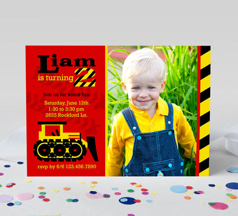 red, yellow and black bulldozer themed birthday invitation with single photo of birthday boy and striped end border