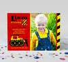 red, yellow and black bulldozer themed birthday invitation with single photo of birthday boy and striped end border