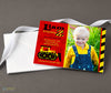 red, yellow and black bulldozer themed birthday invitation with single photo of birthday boy and striped end border, printed on cardstock