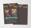 vertical birthday party invitation for two kids with chalkboard background, photos and a colorful bunting along the top, double sided