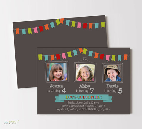 birthday party invitation for three kids with chalkboard background, photos and a colorful bunting along the top