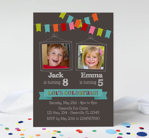 vertical birthday party invitation for two kids with chalkboard background, photos and a colorful bunting along the top