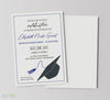 vertical oriented grad party invite with off-white background, black graduation cap, mixed fonts and blue accent color