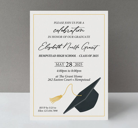 vertical oriented grad party invite with off-white background, black graduation cap, mixed fonts and gold accent color