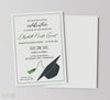 vertical oriented grad party invite with off-white background, black graduation cap, mixed fonts and green accent color