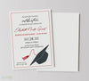 vertical oriented grad party invite with off-white background, black graduation cap, mixed fonts and red accent color