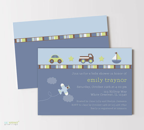 boy baby shower invitation in shades of blue with car, truck and transport themed graphics, double sided