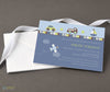 boy baby shower invitation in shades of blue with car, truck and transport themed graphics, printed on cardstock