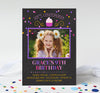 vertical birthday invitation with a black chalkboard background, pink and purple text and confetti, a single photo and tiny cupcake detail