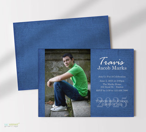 photo graduation announcement in a horizontal format with a single photo on left, blue background and white text