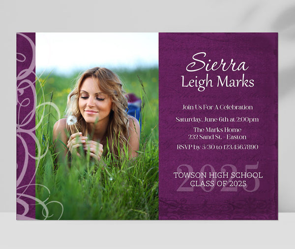 photo graduation announcement in a horizontal format with a single photo on left, purple background and white text