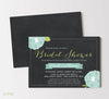 bridal shower invitation with black chalkboard background, light blue flowers and white text