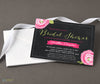 bridal shower invitation with black chalkboard background, bright pink flowers and white text, printed on cardstock