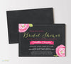 bridal shower invitation with black chalkboard background, bright pink flowers and white text