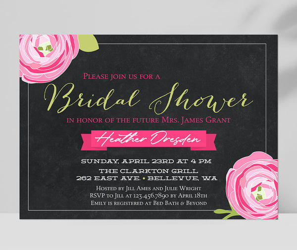 bridal shower invitation with black chalkboard background, bright pink flowers and white text