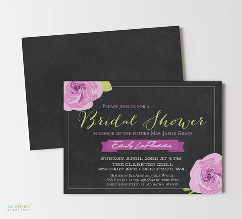 bridal shower invitation with black chalkboard background, purple flowers and white text