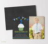 boy birthday invitation with  chalkboard background with blue green cupcake and bunting, photo on left side, plain chalkboard back 