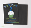 boy birthday invitation with  chalkboard background with blue green cupcake and bunting, double sided