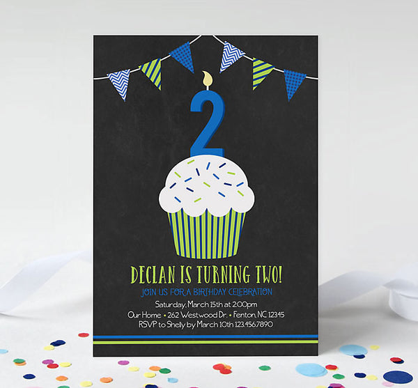 boy birthday invitation with  chalkboard background with blue green cupcake and bunting 