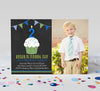 boy birthday invitation with single photo on right, chalkboard background with blue green cupcake and bunting on left side