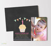 girl birthday invitation with photo on right and on left chalkboard background with a colorful cupcake and bunting detail, double sided