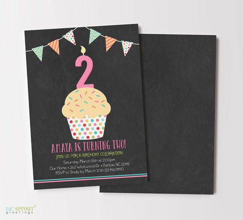 girl birthday invitation with chalkboard background with a colorful cupcake and bunting detail