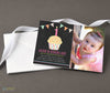 girl birthday invitation with photo on right and on left chalkboard background with a colorful cupcake and bunting detail, printed on cardstock