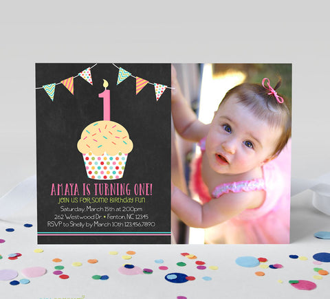 girl birthday invitation with photo on right and on left chalkboard background with a colorful cupcake and bunting detail