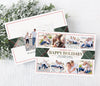 collage style holiday card with a top and bottom row of four photos each, with plaid wording in the center and a green plaid ribbon detail