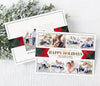 collage style holiday card with a top and bottom row of four photos each, with plaid wording in the center and a red plaid ribbon detail