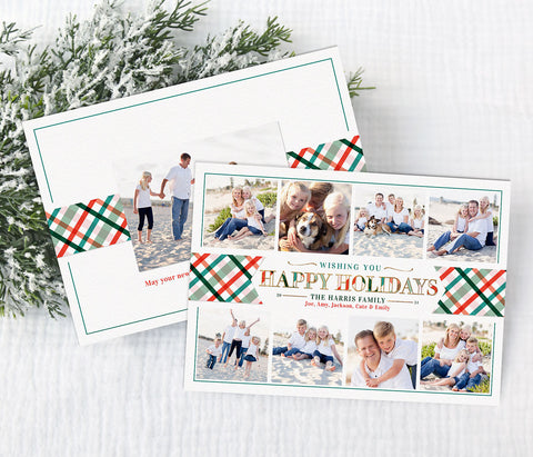 collage style holiday card with a top and bottom row of four photos each, with plaid wording in the center and a multi-color plaid ribbon detail