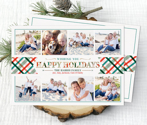 collage style holiday card with a top and bottom row of four photos each, with plaid wording in the center and a plaid ribbon detail