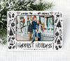 single photo christmas card with a black and white border of holiday themed graphics