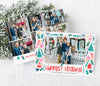 single photo christmas card with a colorful border of holiday themed graphics and photo collage on back side