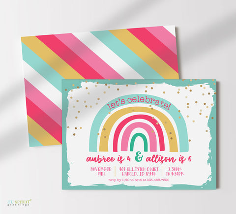 rainbow themed birthday invitation in landscape format with teal border, gold confetti detail, rainbow striped back side