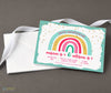 rainbow themed birthday invitation in landscape format with teal border, gold confetti detail, printed on cardstock