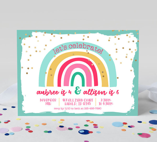 rainbow themed birthday invitation in landscape format with teal border, gold confetti detail