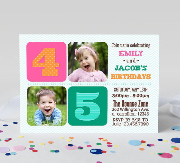 dual birthday party invitation with light blue chevron background, blocks of pink and green color, two photos and text in various fonts