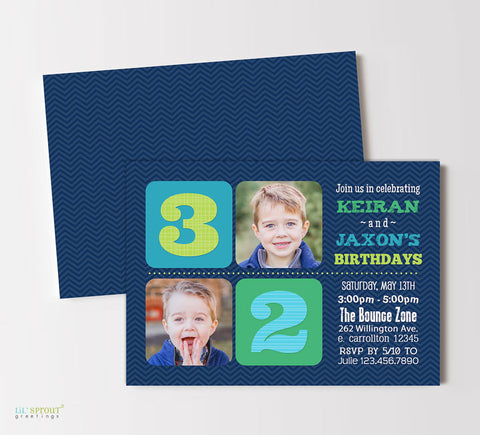 dual birthday party invitation with blue chevron background, blocks of blue and green color, two photos and text in various fonts