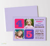 dual birthday party invitation with light purple chevron background, blocks of pink and purple color, two photos and text in various fonts