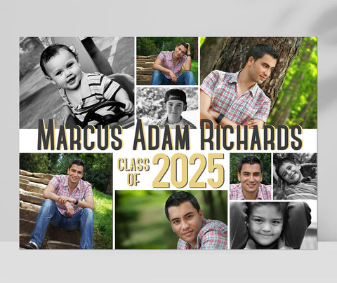 collage style graduation announcement in horizontal format with 9 photos and graduates name in center