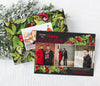 christmas photo card with three photos, a black background and red and green holly graphics in the corners