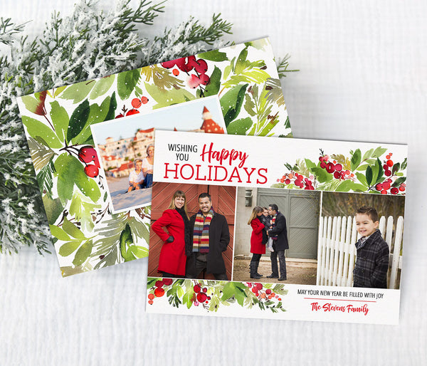 christmas photo card with three photos, a white background and red and green holly graphics in the corners